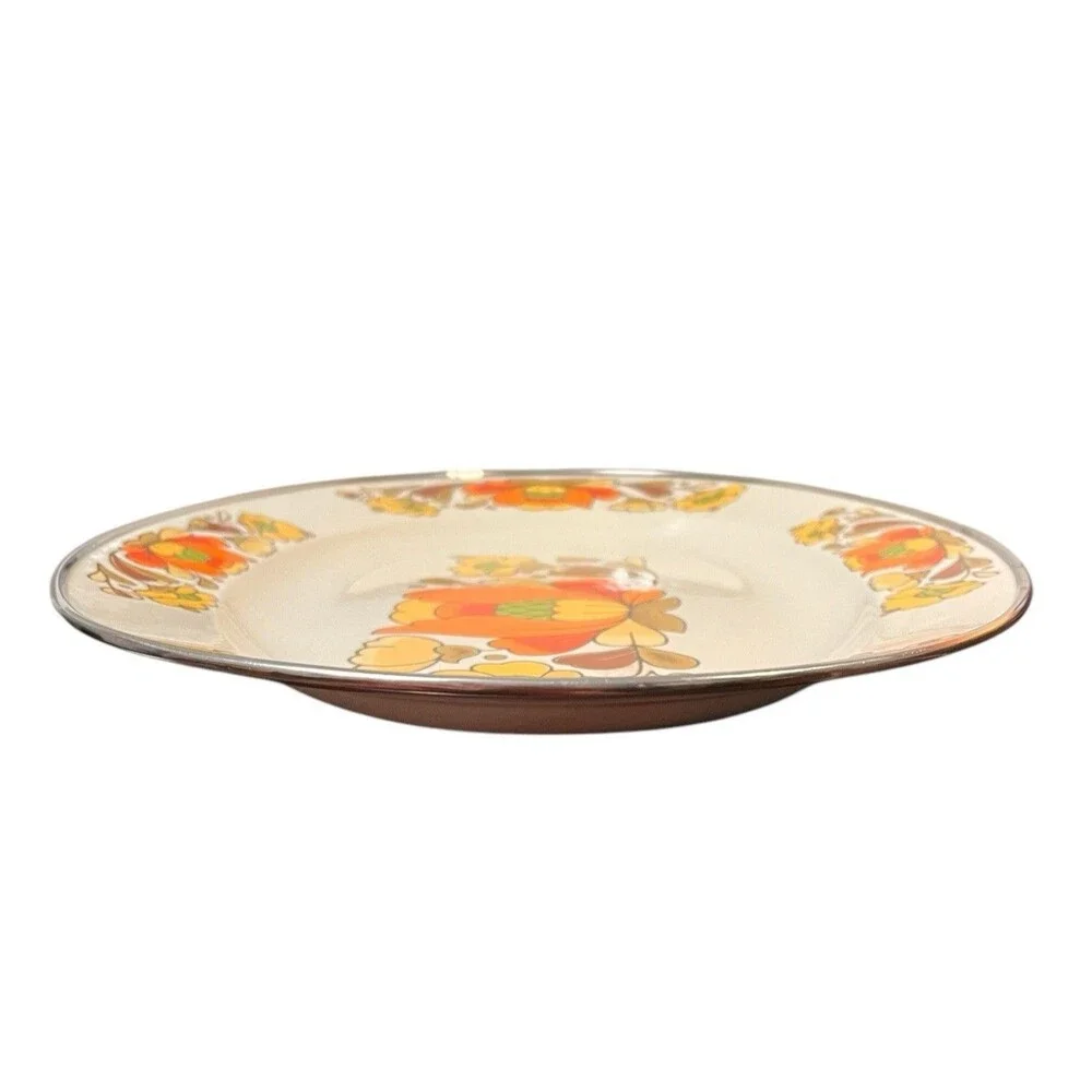MCM Vintage 1970s Sanko Ware Porcelain Enameled Steel Country Flowers Platter